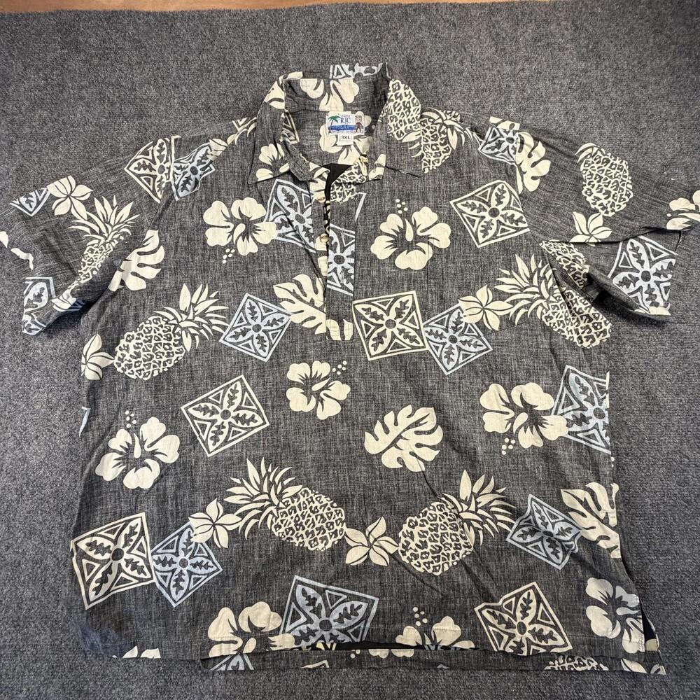 Mens RJC Ltd Hawaiian Shirt 3XL Black Tropical Pineapple Hibiscus Made in Hawaii